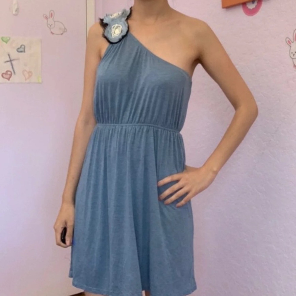 Light Blue Beaded One Shoulder Dress